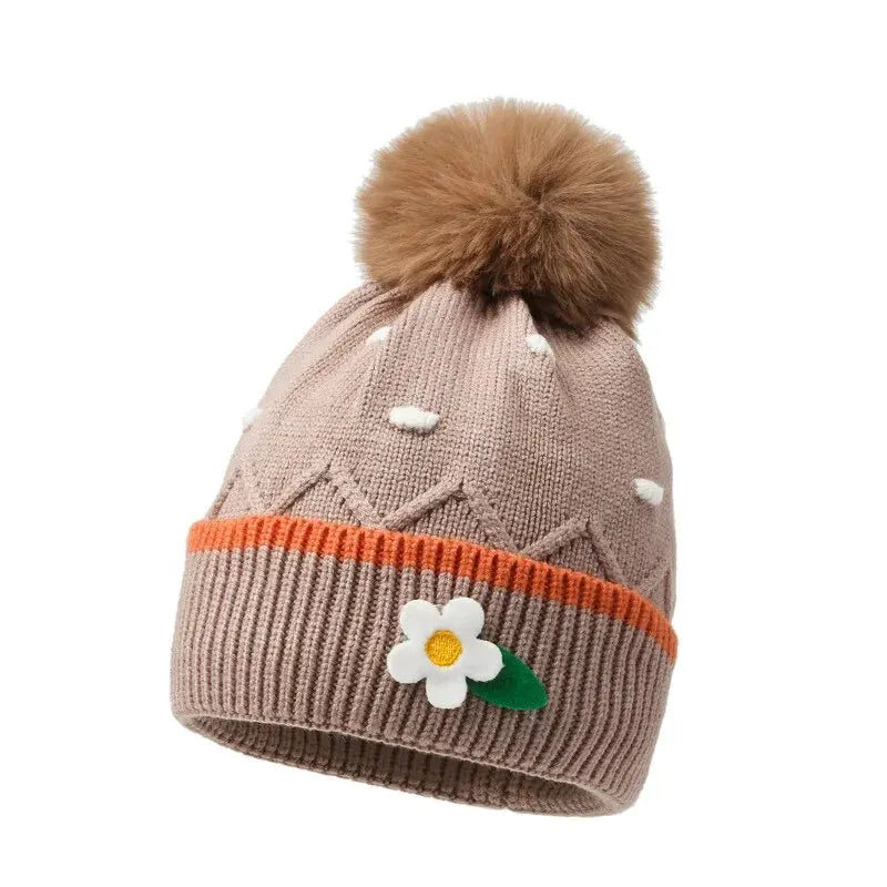Gevoerde Muts met Bloem en Pompon 'Khaki'