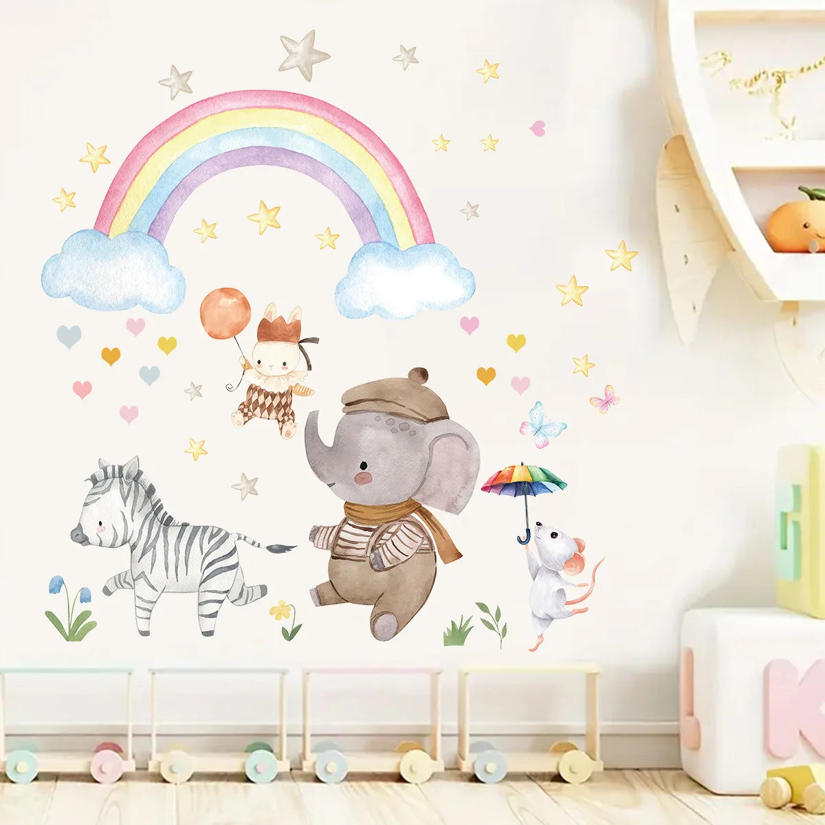 Muursticker 'Olifant, Zebra & Regenboog' meer sfeer