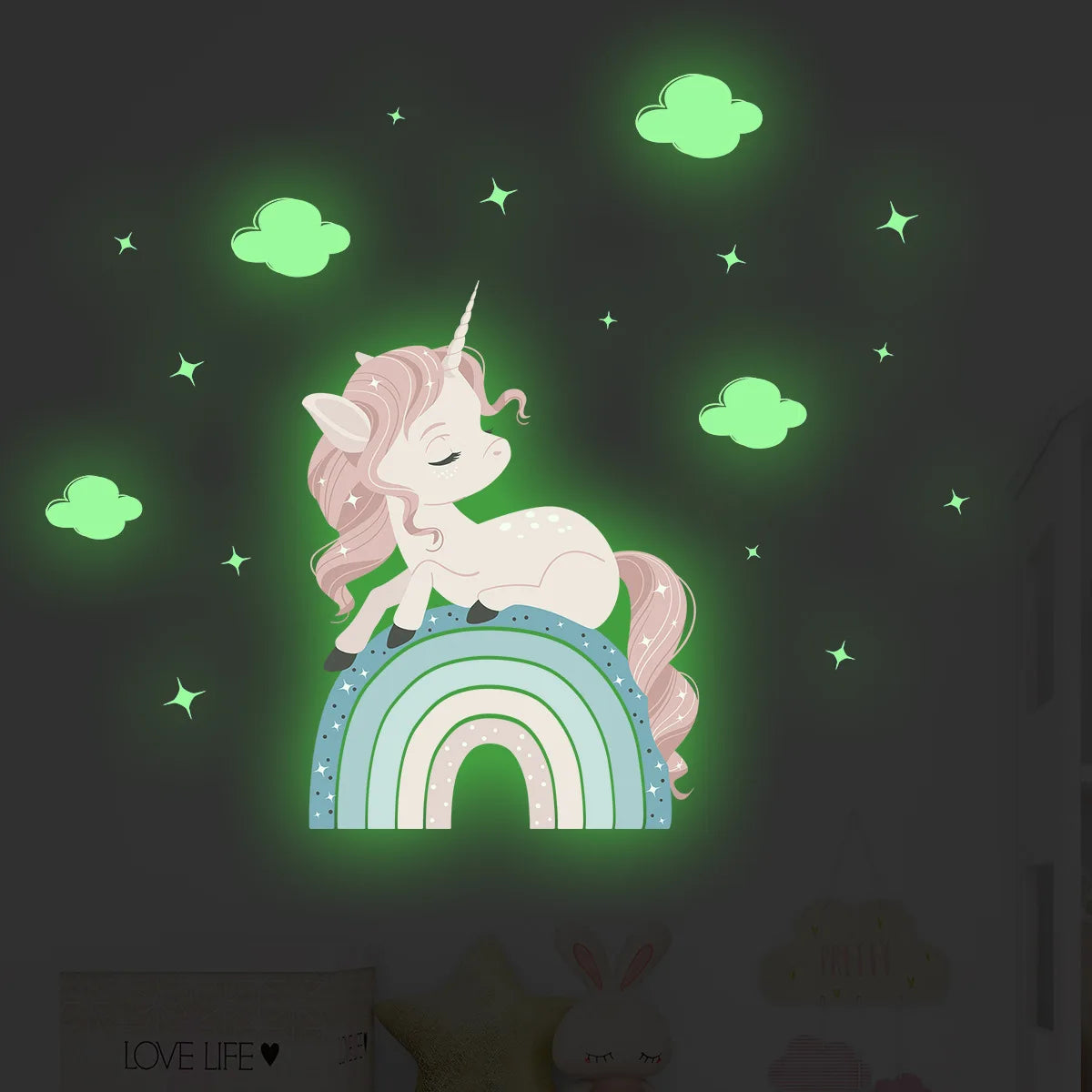 Muursticker 'Lichtgevende Eenhoorn' nacht