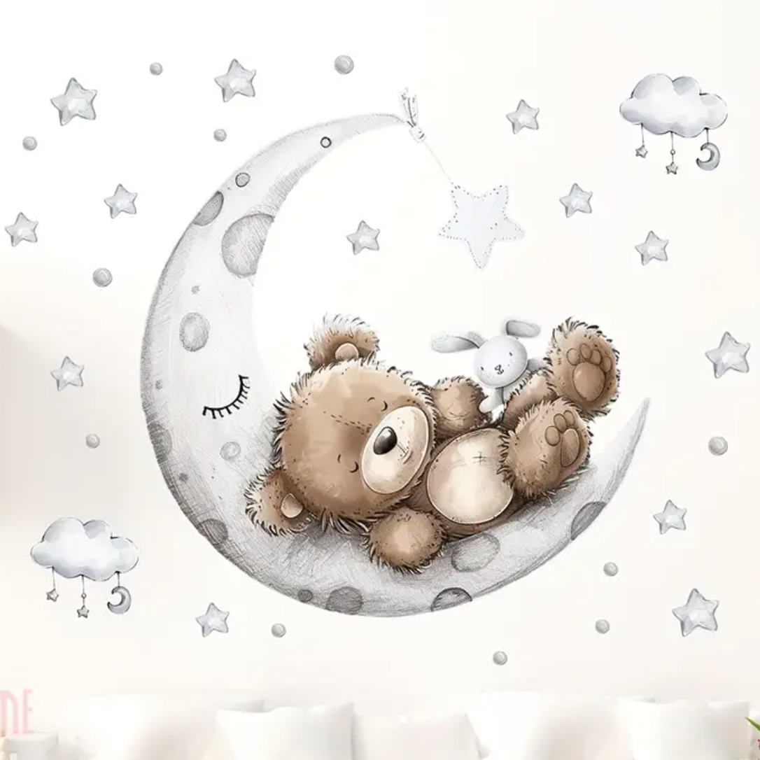 Muursticker 'Slapende Teddy op Maan'