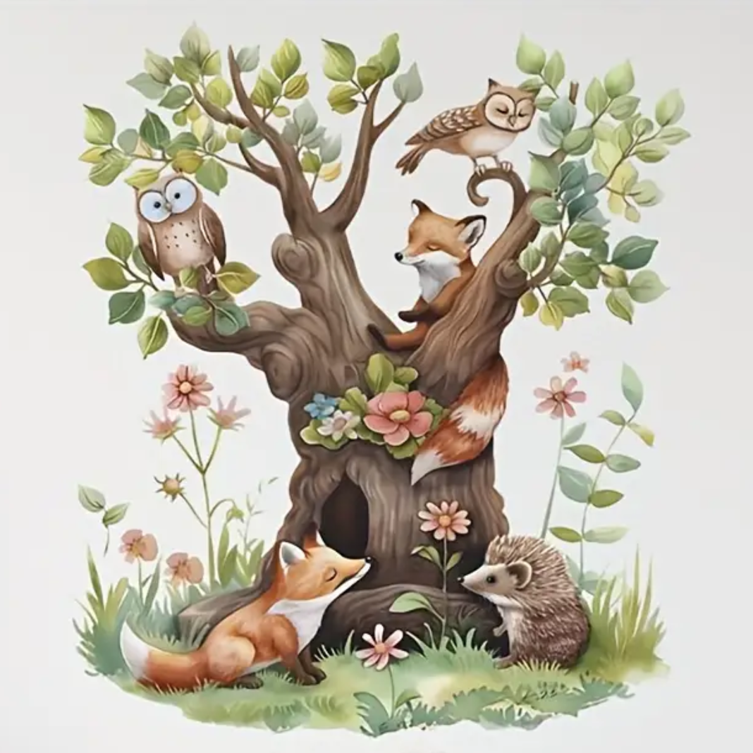 Muursticker 'Boom met Vosjes en Uilen' detail