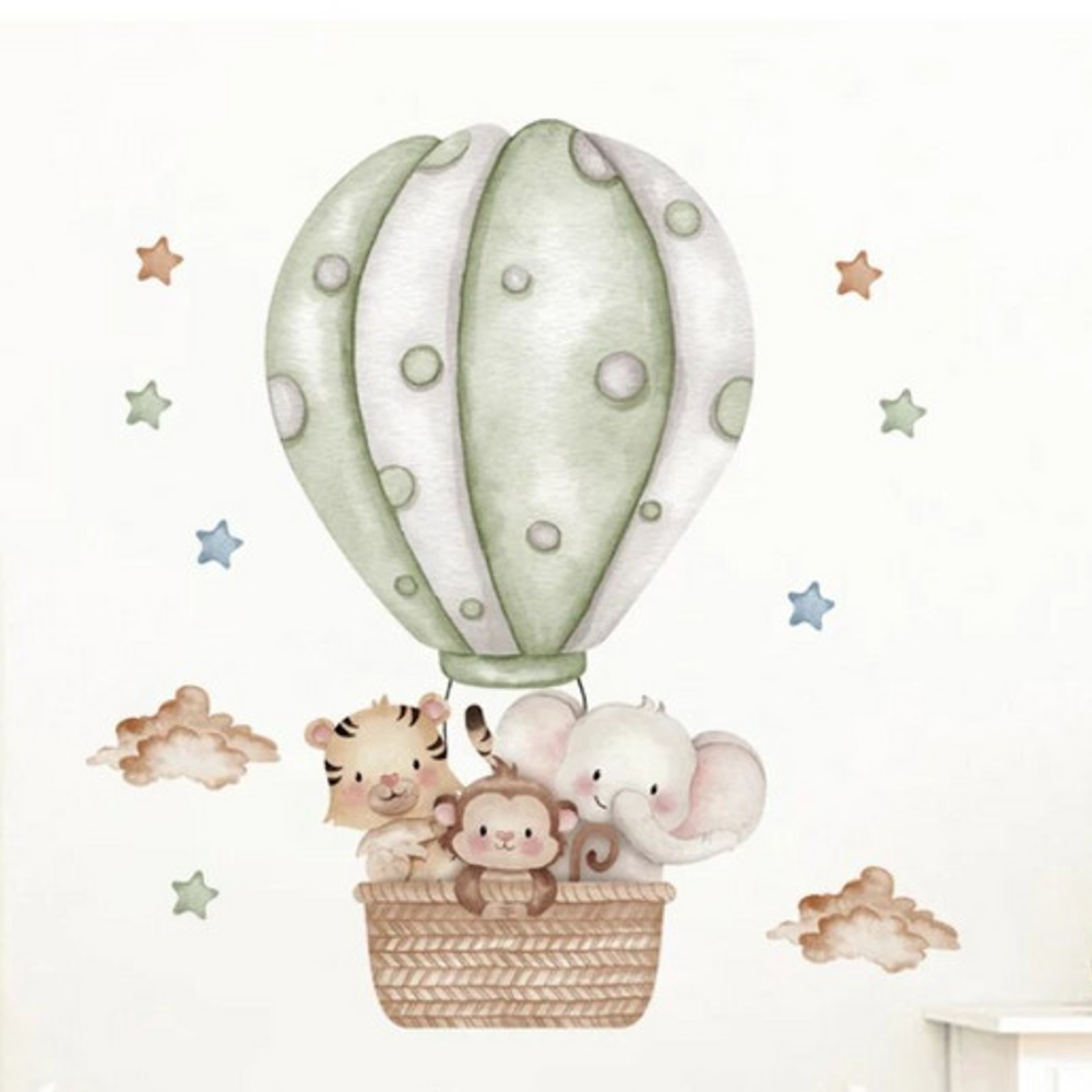 Muursticker 'Dieren in Luchtballon' detail