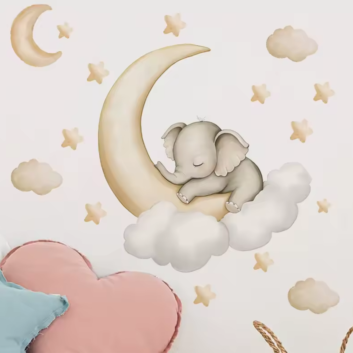 Muursticker 'Olifantje op Wolken en Maan'