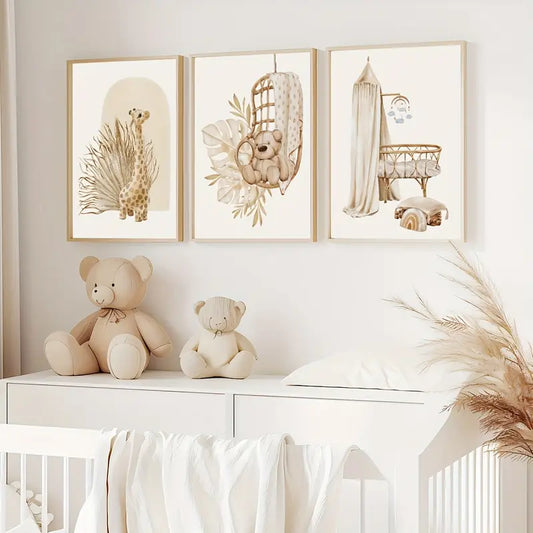 Set: 3 Canvas 'Giraffe, Beer & Wieg'