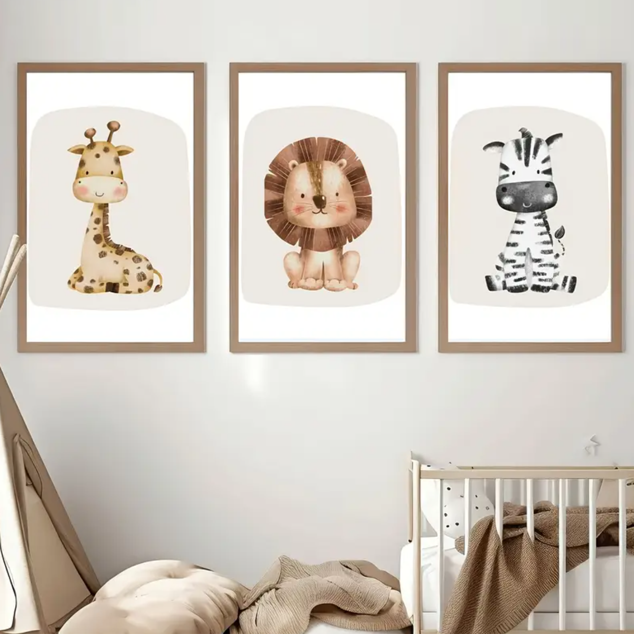 Set van 3 Canvas 'Giraffe, Leeuw & Zebra'