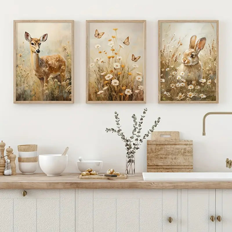 Set van 3 Canvas 'Hert, Vlinder & Konijn'