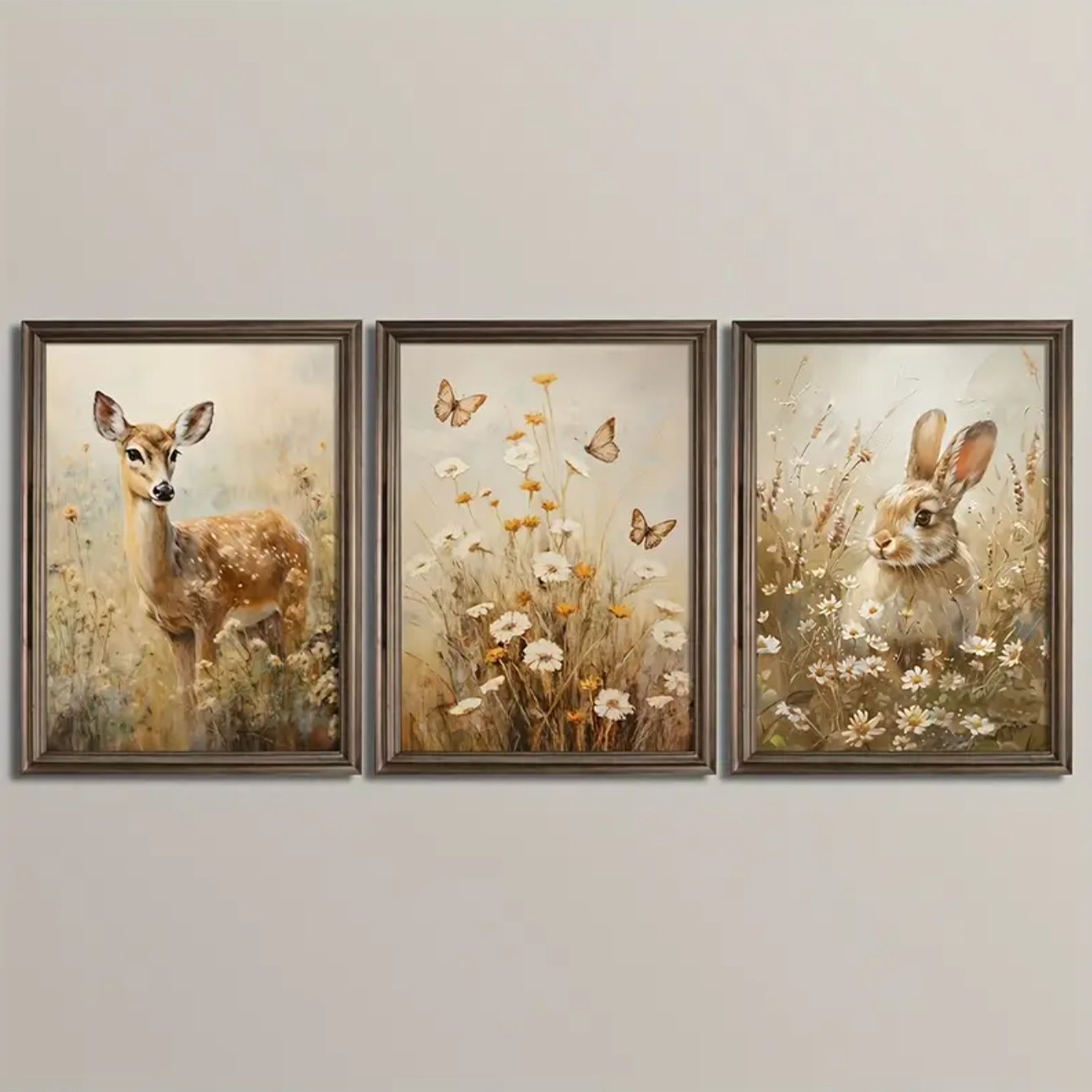 Set van 3 Canvas 'Hert, Vlinder & Konijn'