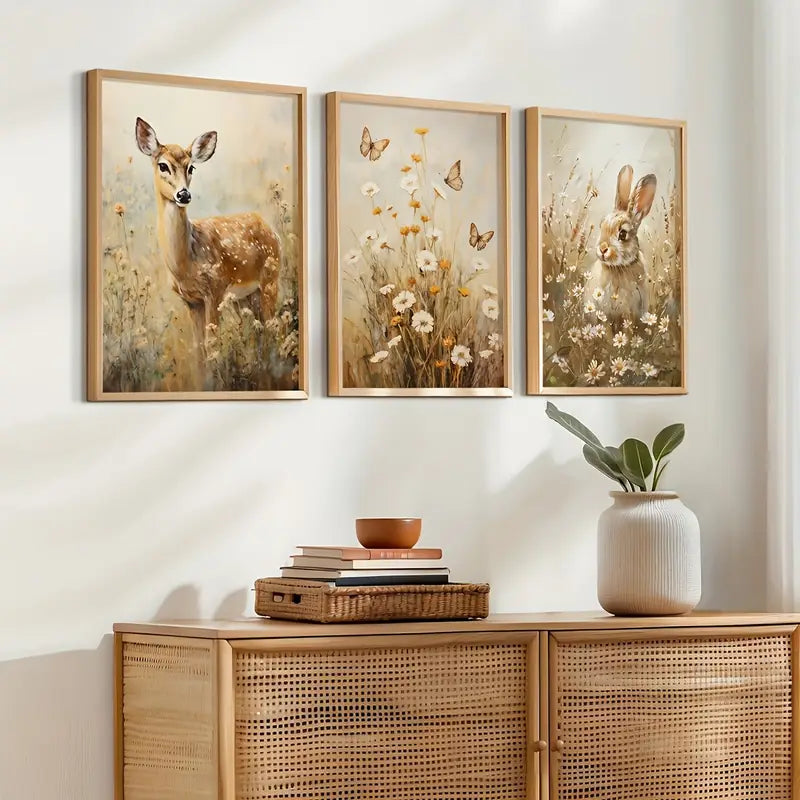 Set van 3 Canvas 'Hert, Vlinder & Konijn'
