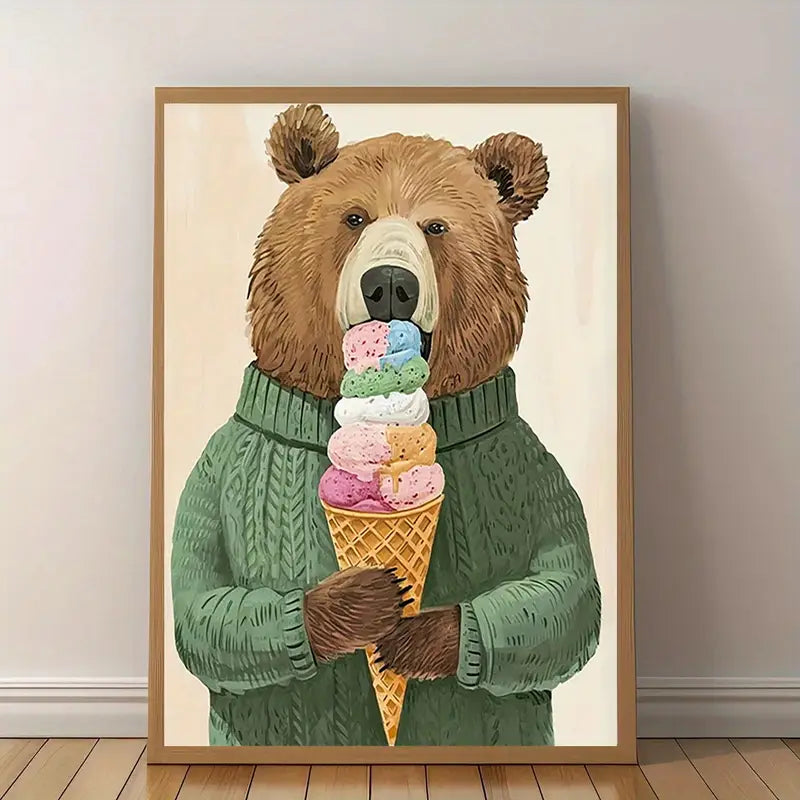 Canvas 'Beer met kabeltrui eet een ijsje'