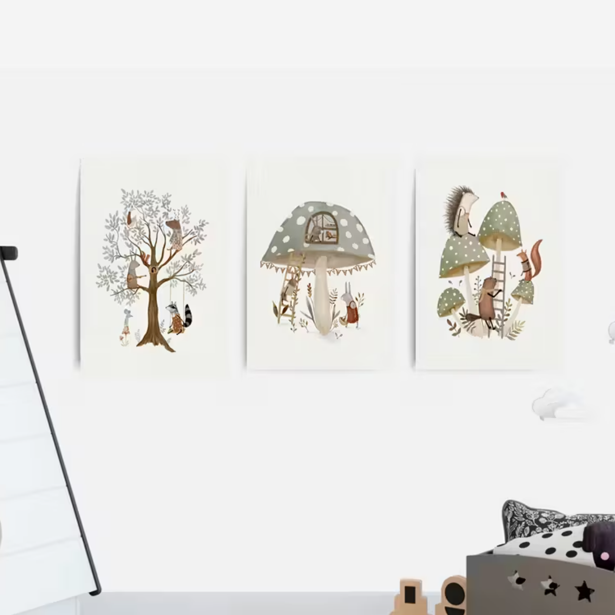 Set van 3 Canvas 'Dieren & Paddenstoelen'