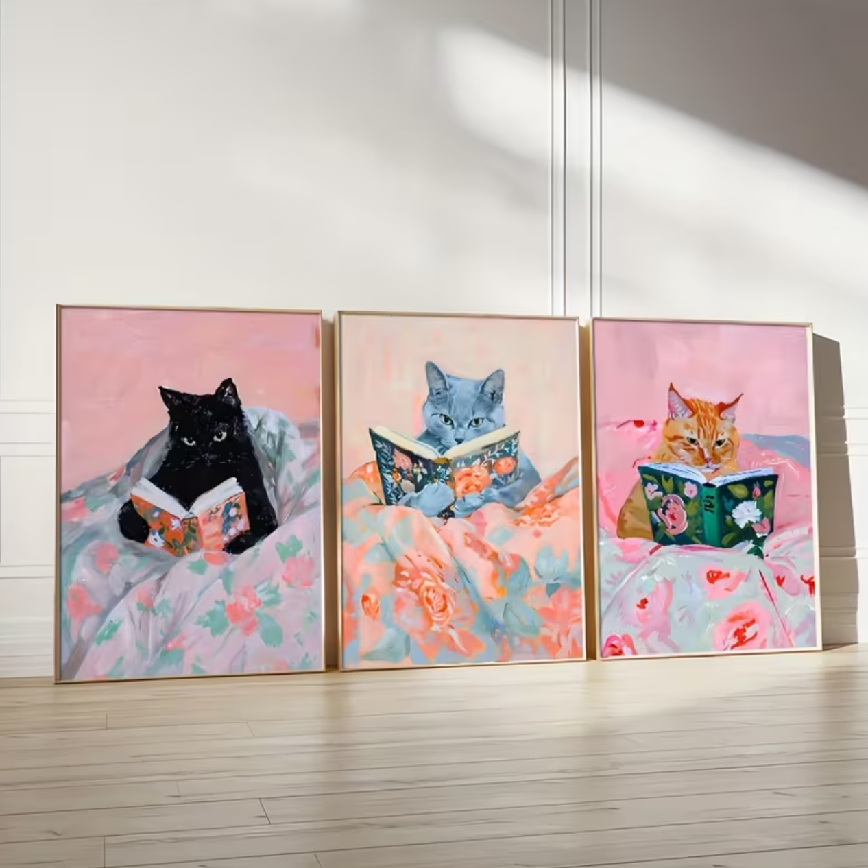 Set van 3 Canvas 'Lezende Katten'