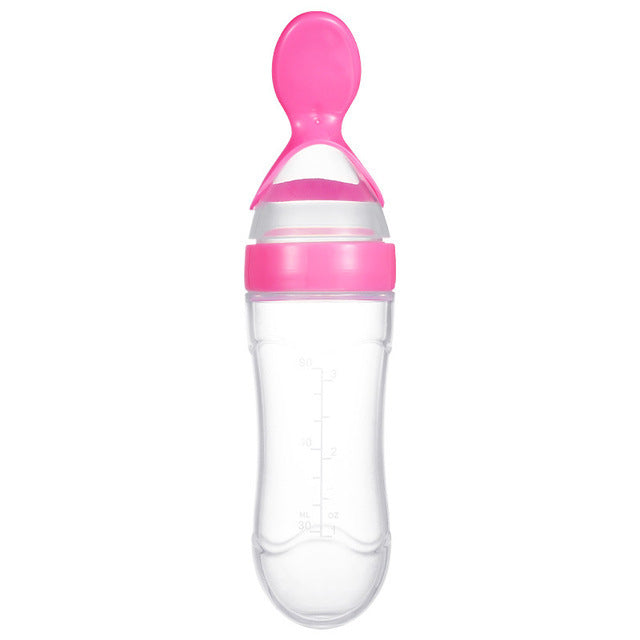 voedings Siliconen Knijpfles met Lepel in roze