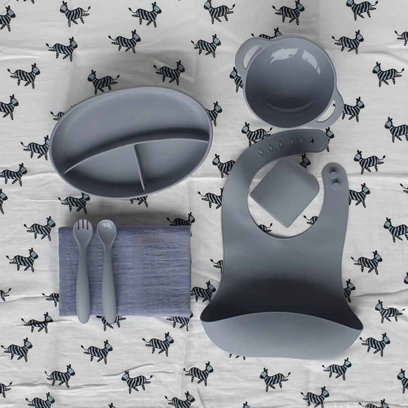 Siliconen Lepel en Vork 'Puck' - Zebra Lavender sfeer