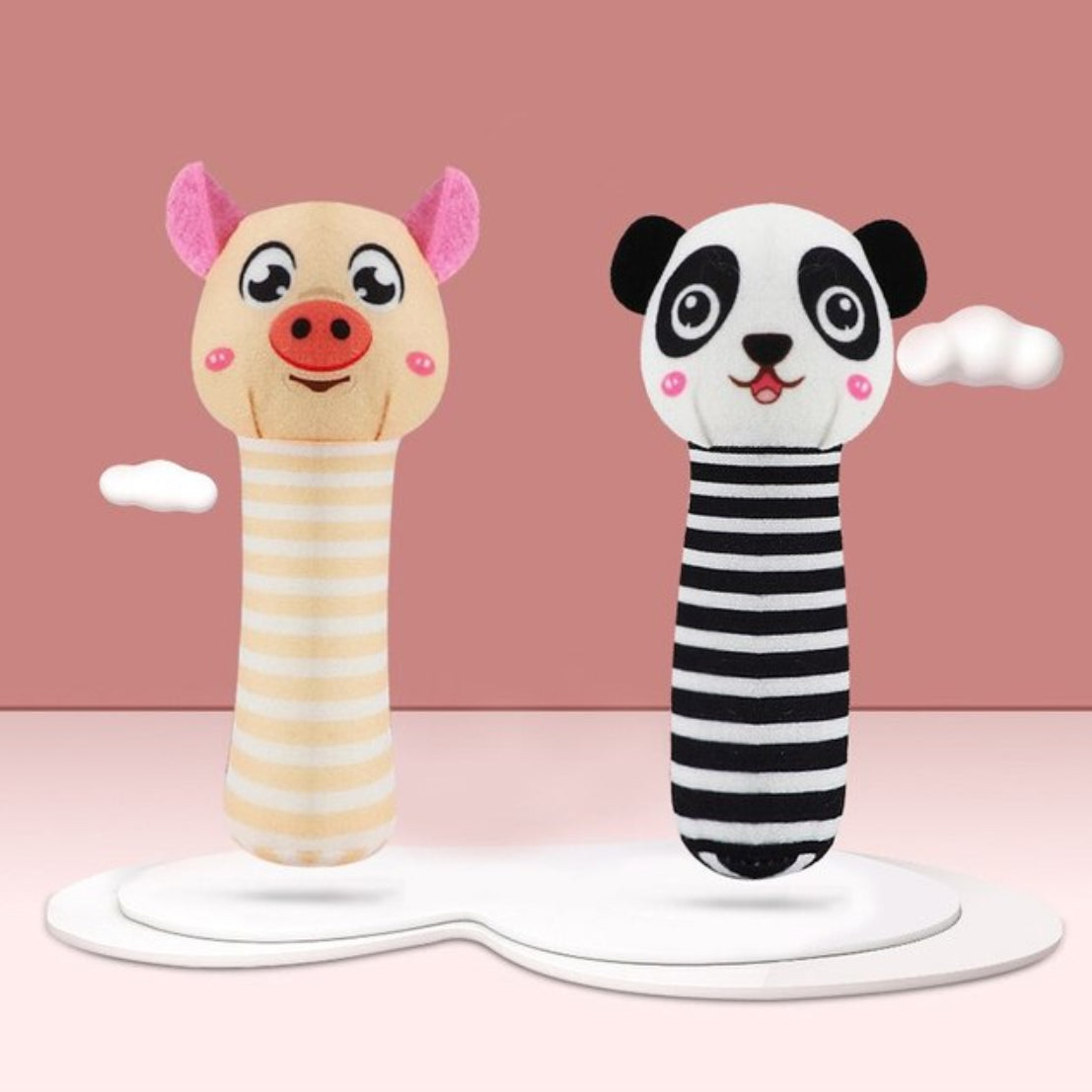 Set van 2 Gestreepte Rammelaars varken en panda versie