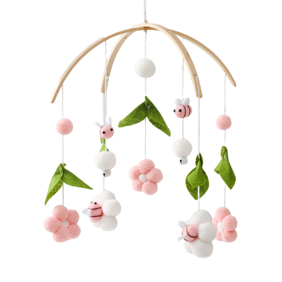 Mobiel met Roze Bijen en Bloemen baby roze bijen en groene blaadjes