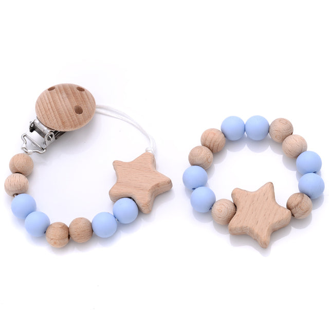 Set: houten Speenkoord met Bijtring kleur licht blauw