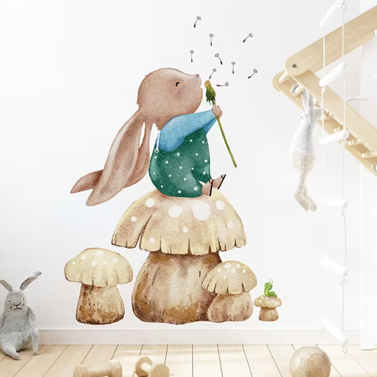 Muursticker 'Konijn op Paddenstoelen'