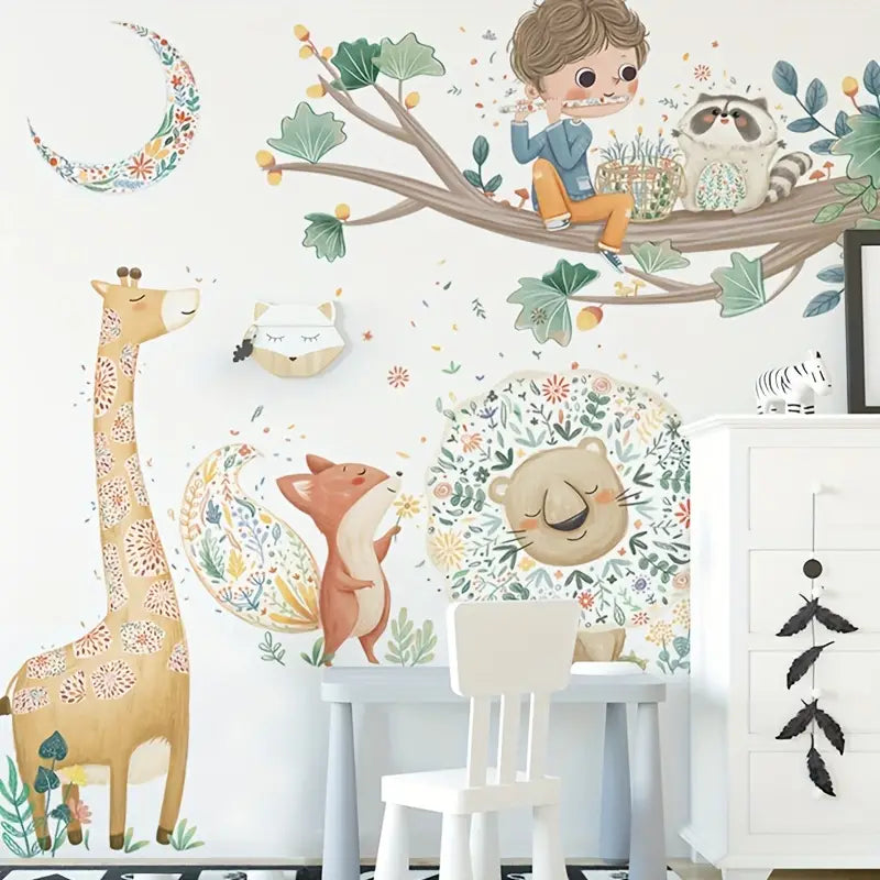 Muursticker 'Jongen met Fluit en Dieren' detail