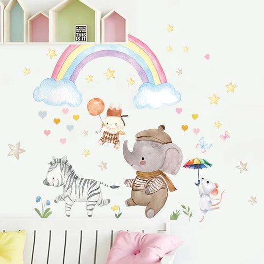 Muursticker 'Olifant, Zebra & Regenboog' sfeer