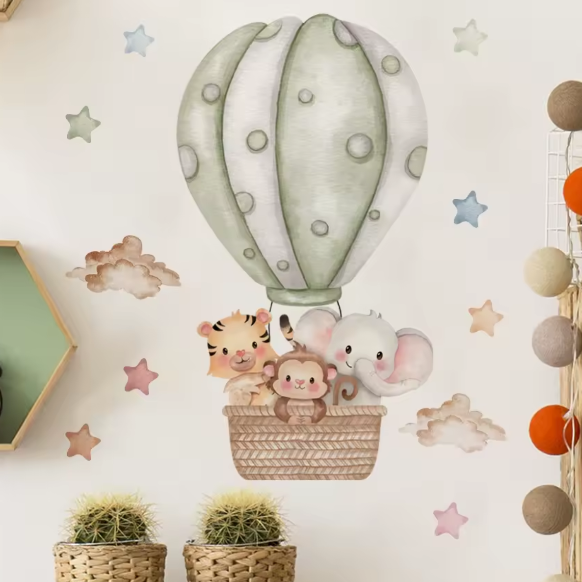 Muursticker 'Dieren in Luchtballon' (Groen)