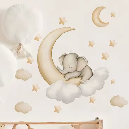 Muursticker 'Olifantje op Wolken en Maan'