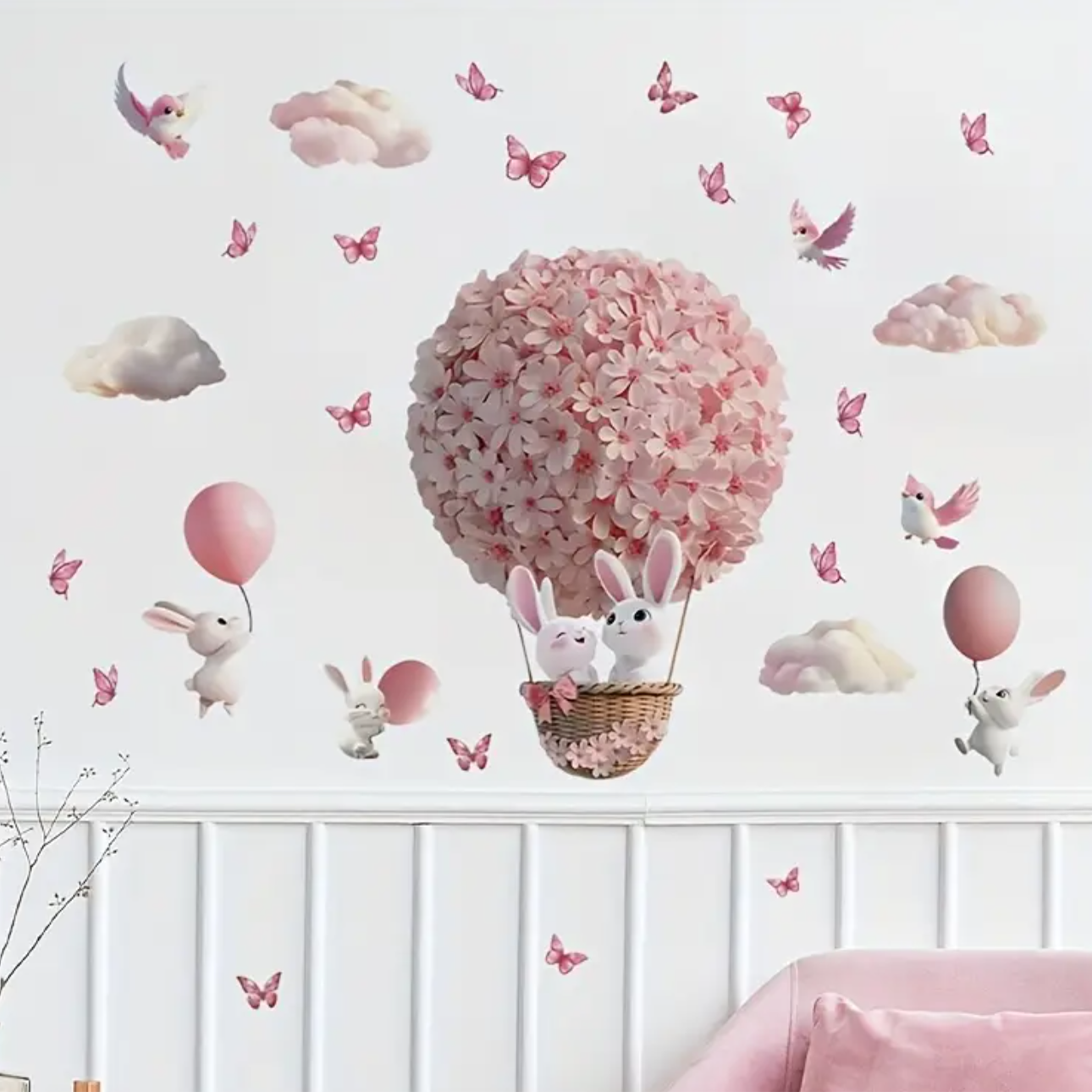 Muursticker 'Konijntjes in Bloemen Ballon'