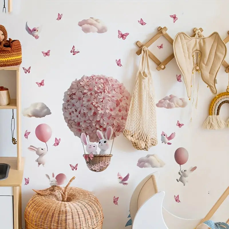 Muursticker 'Konijntjes in Bloemen Ballon'