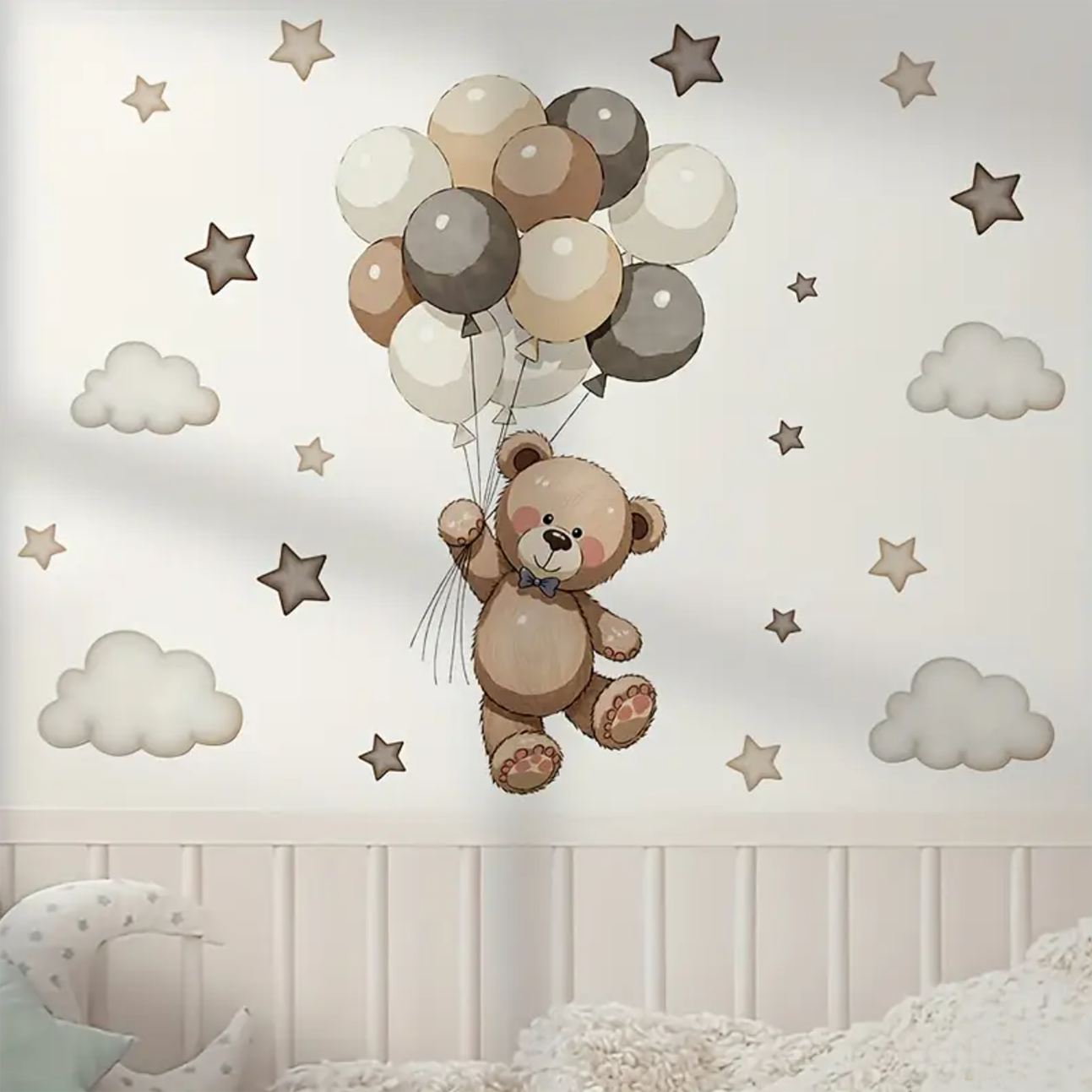 Muursticker 'Teddy aan tros Ballonnen'