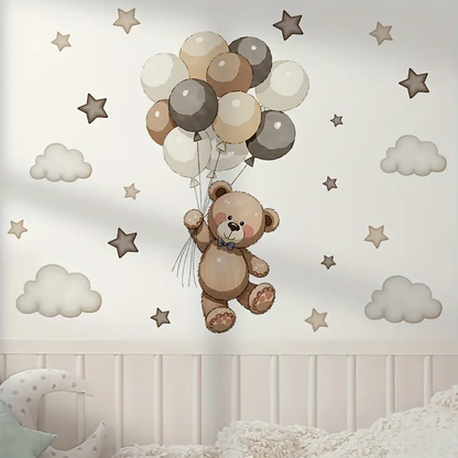 Muursticker 'Teddy aan tros Ballonnen'