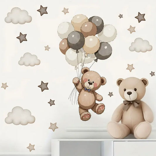 Muursticker 'Teddy aan tros Ballonnen'
