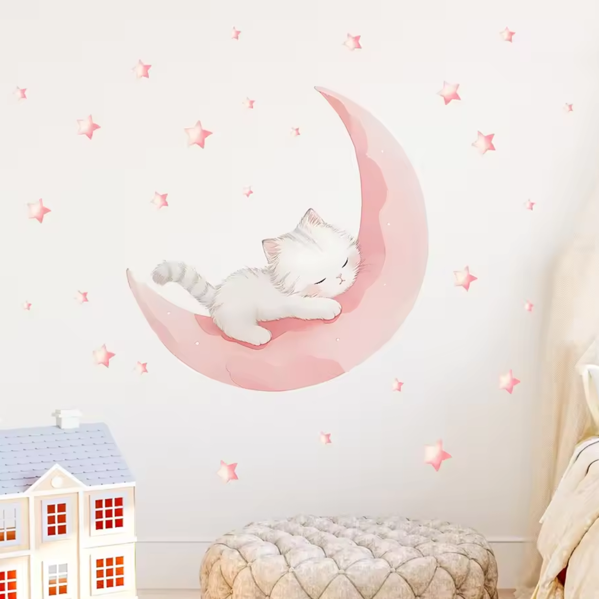 Muursticker 'Kat op Roze Maan'