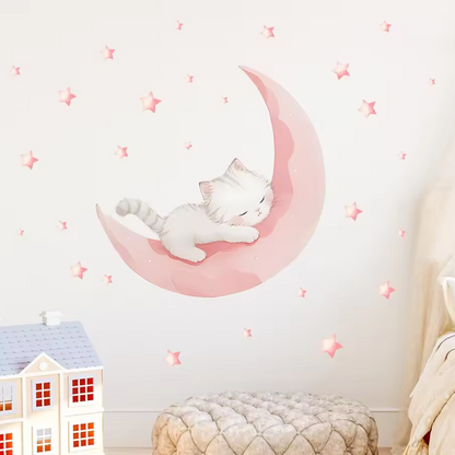Muursticker 'Kat op Roze Maan'