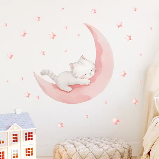 Muursticker 'Kat op Roze Maan'