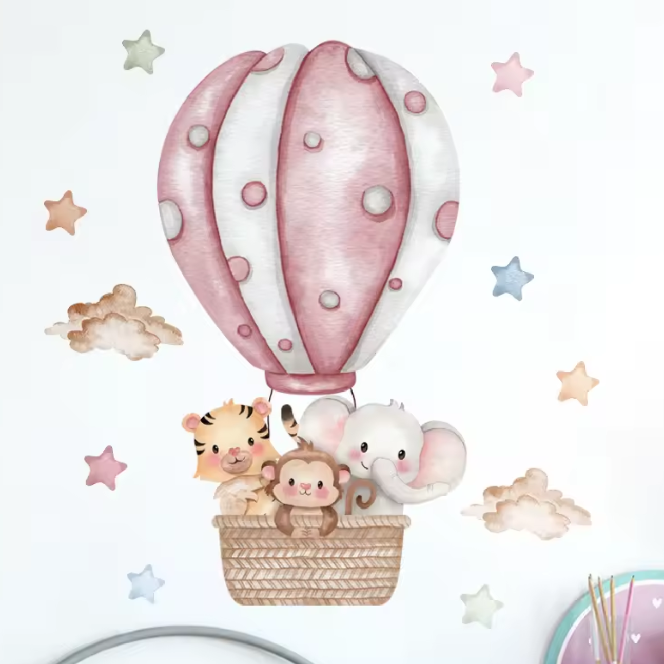 Muursticker 'Dieren in Luchtballon' (Roze)