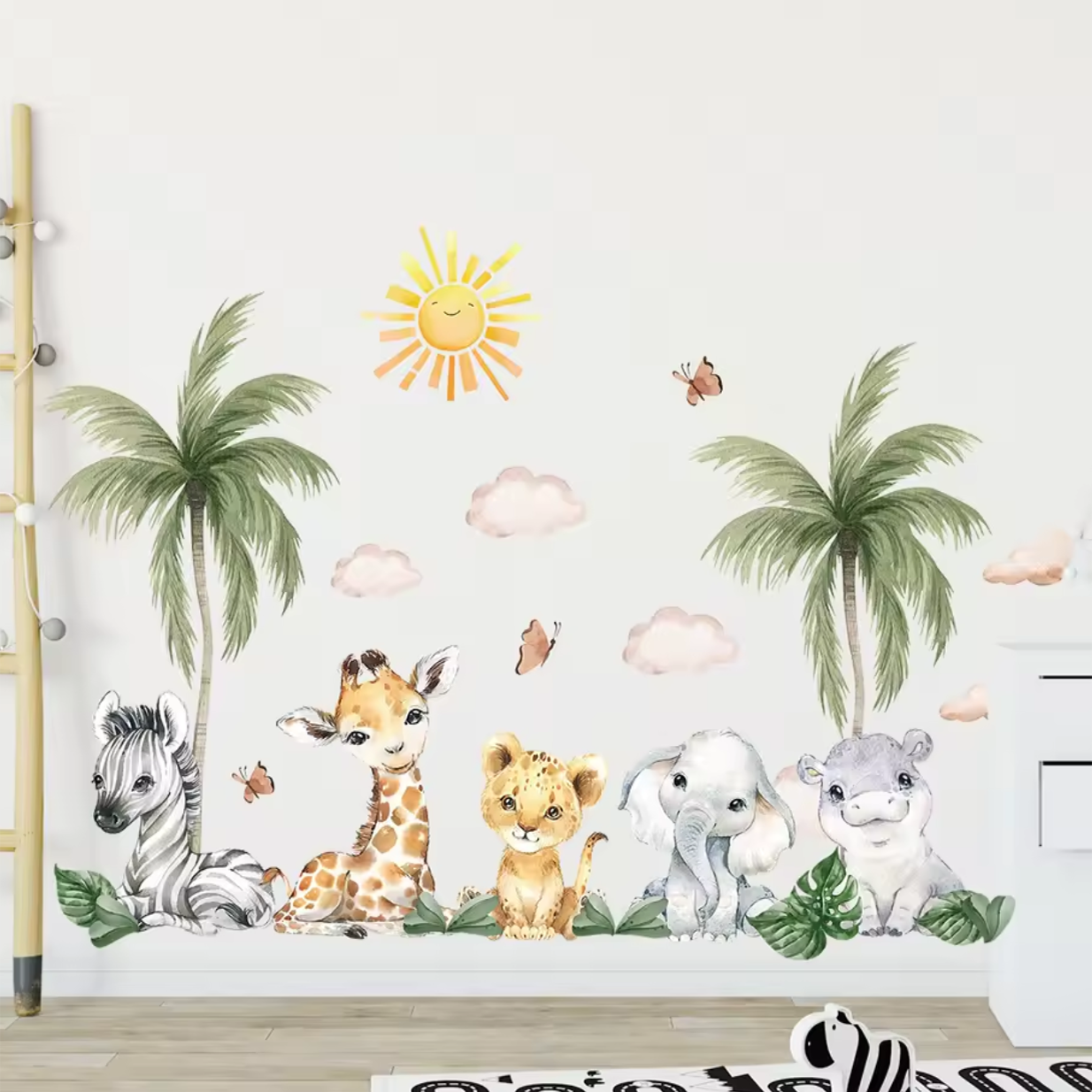 Muursticker 'Afrikaanse Dieren en Palmbomen'