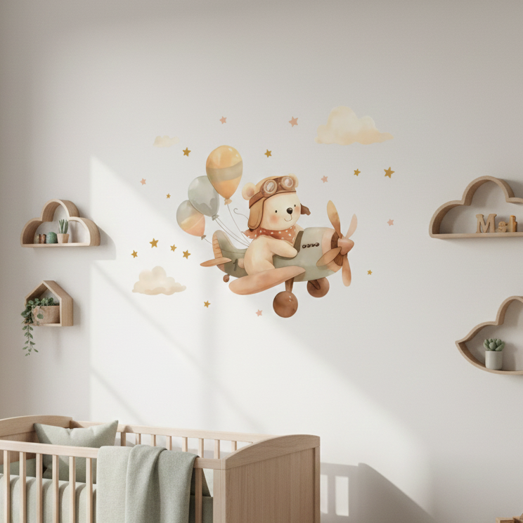 Muursticker 'Beertje in Vliegtuig'