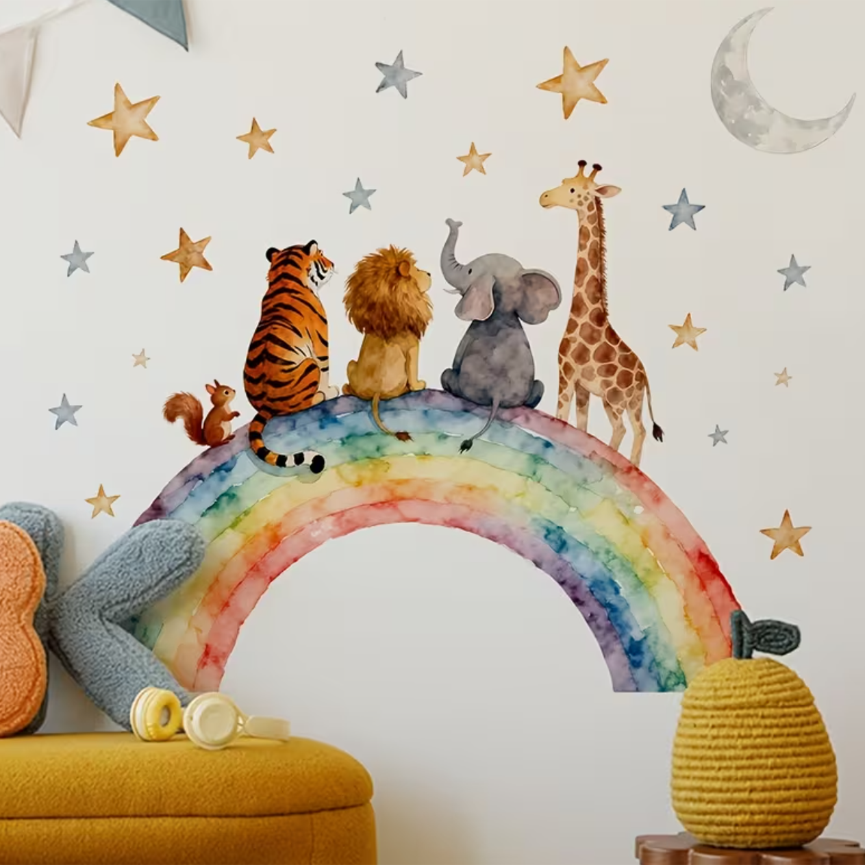 Muursticker 'Dieren op een Regenboog'