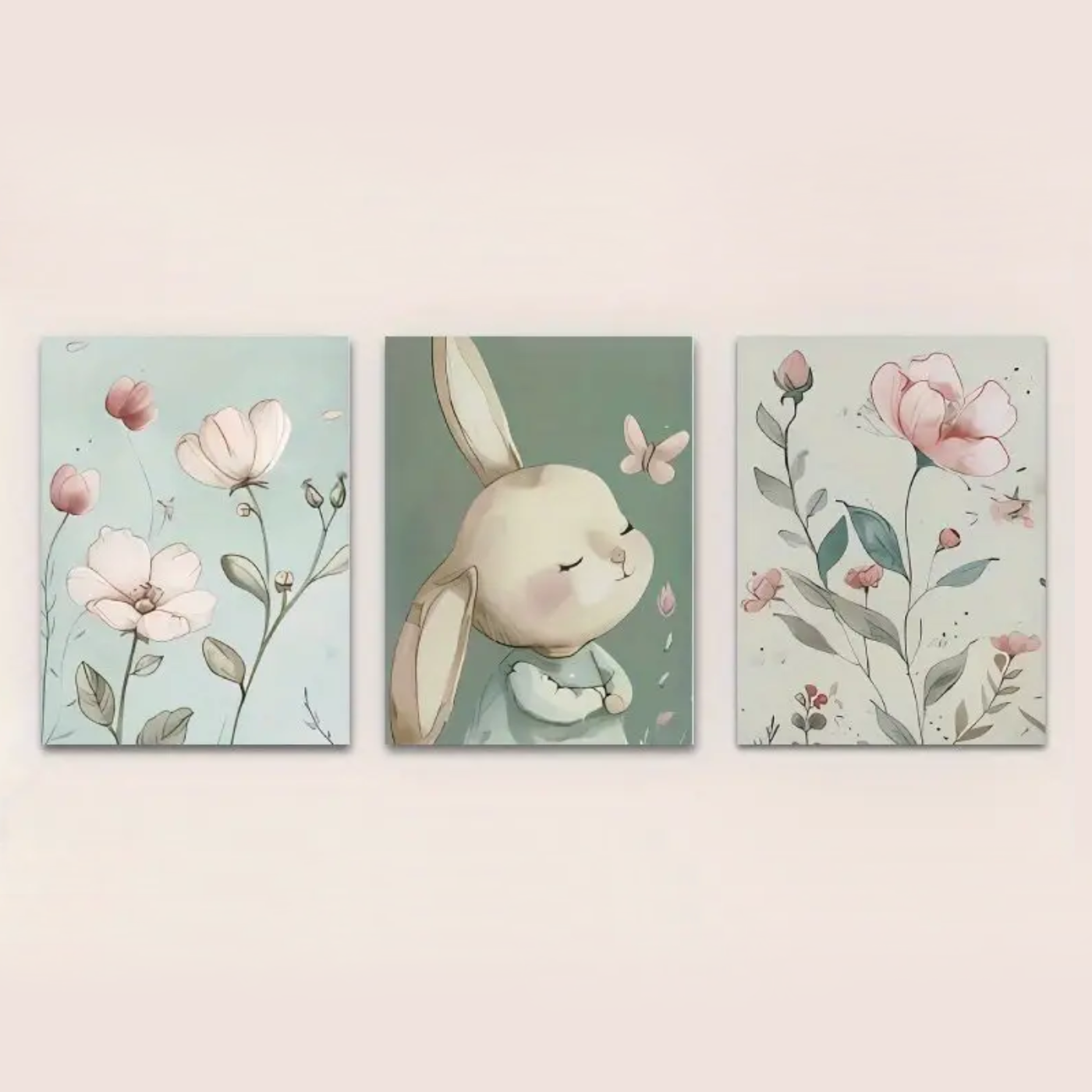 Set van 3 Canvas 'Flowers & Bunny'