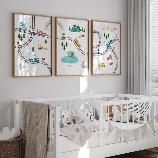 Set van 3 canvas posters met cartoon treinen