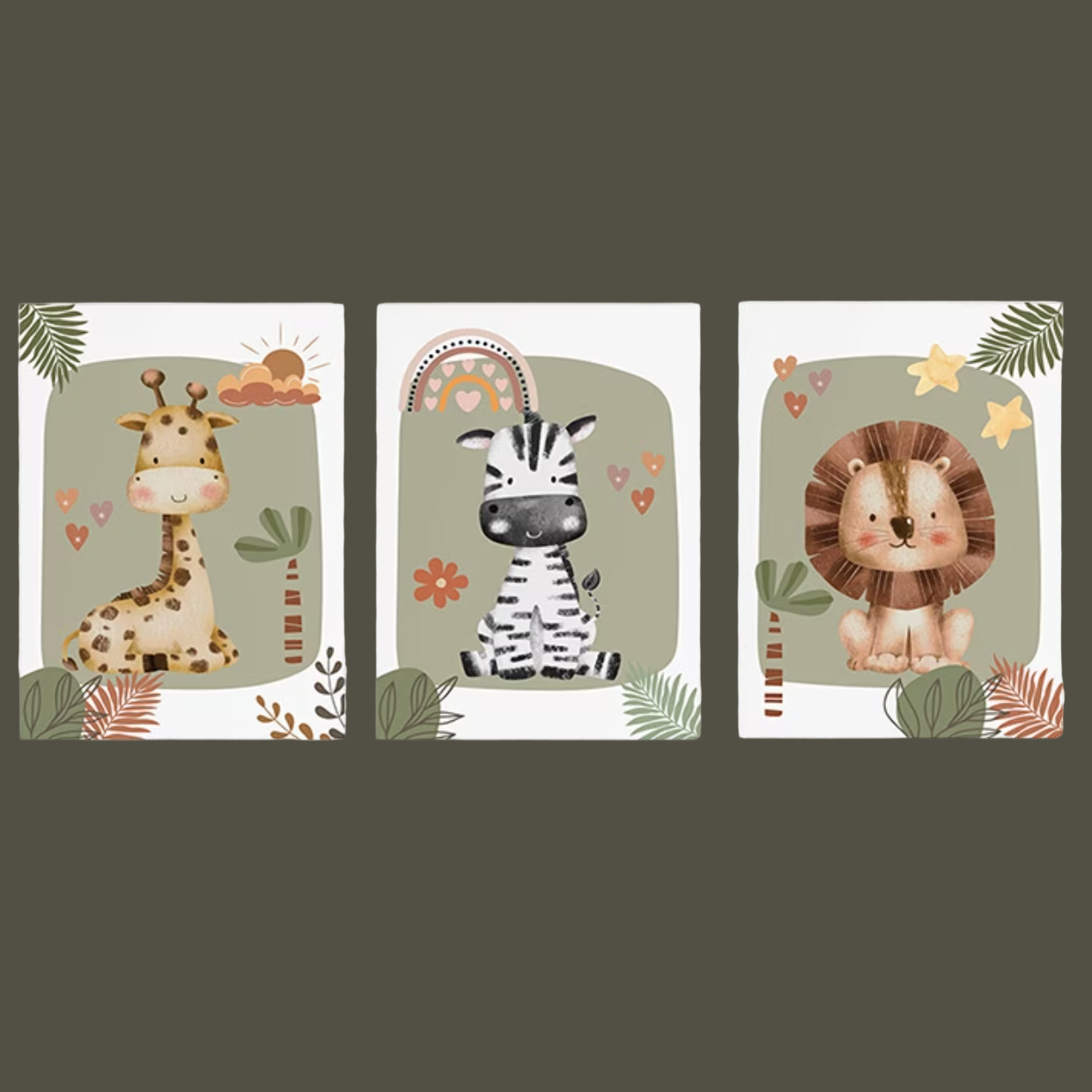Set van 3 Canvas: 'Giraffe, Zebra & Leeuw'