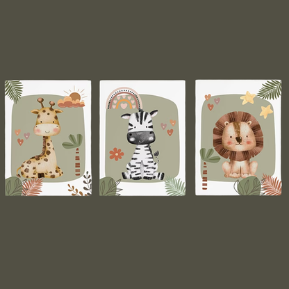 Set van 3 Canvas: 'Giraffe, Zebra & Leeuw'