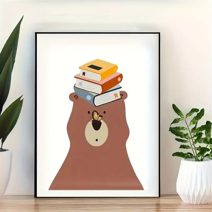 Canvas 'Beer met Vlinder en Boeken'