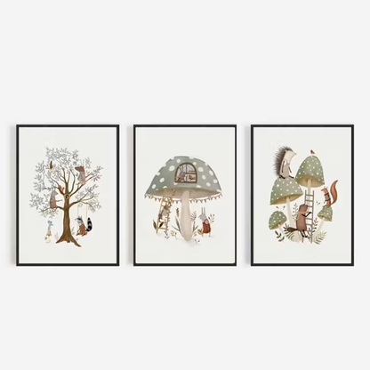Set van 3 Canvas 'Dieren & Paddenstoelen'