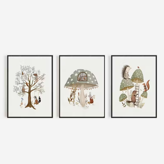 Set van 3 Canvas 'Dieren & Paddenstoelen'