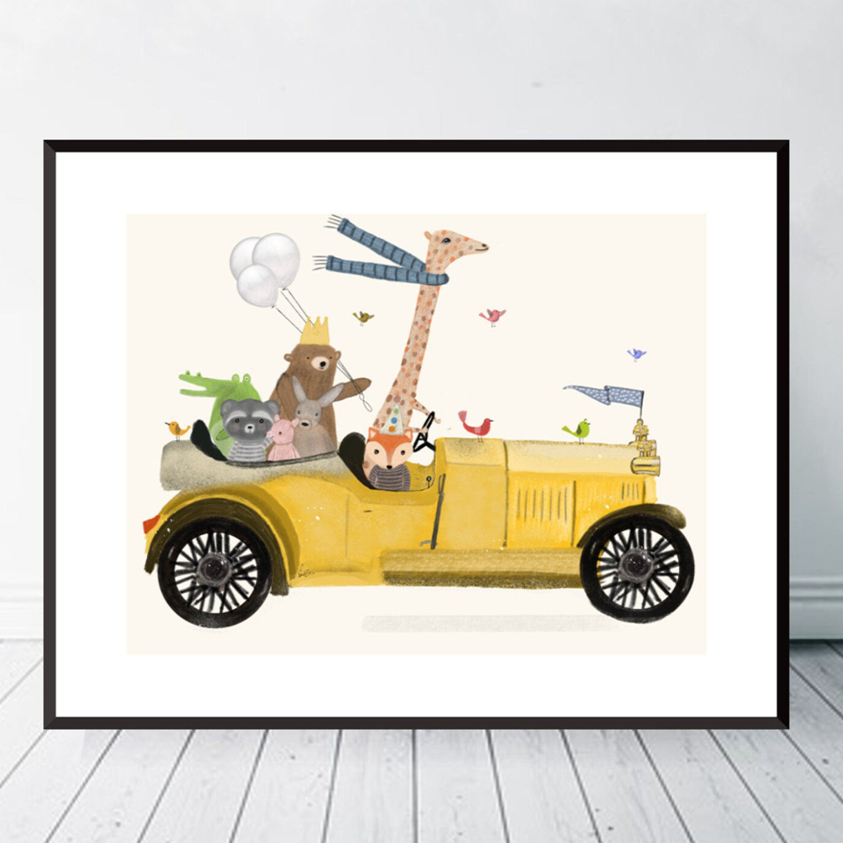 Canvas 'Dieren in Gele Auto'