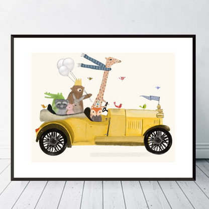 Canvas 'Dieren in Gele Auto'