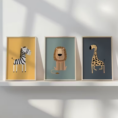 Set: 3 canvas 'Leeuw, Zebra & Giraffe'