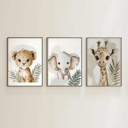 Set van 3 Canvas 'Baby Leeuw, Olifant & Giraffe'