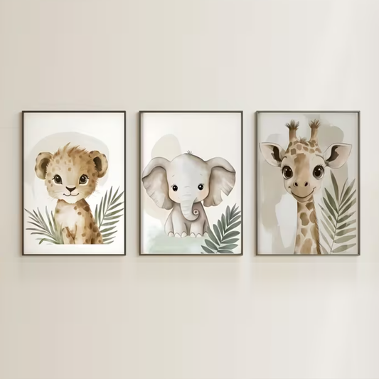 Set van 3 Canvas 'Baby Leeuw, Olifant & Giraffe'