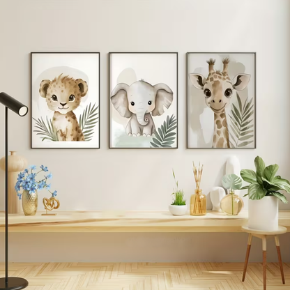 Set van 3 Canvas 'Baby Leeuw, Olifant & Giraffe'